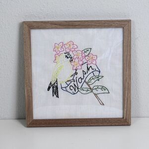 Handmade Vintage Embroidered Washington State Bird & Flower Framed 9x9”